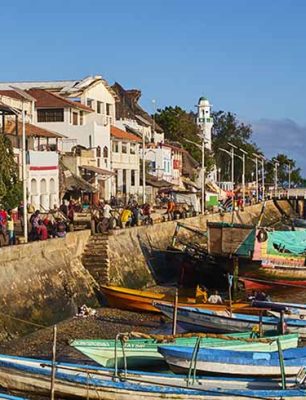 Kenya, Lamu island, Lamu town, February 12, Unesco world heritage, sea front with fishing boat